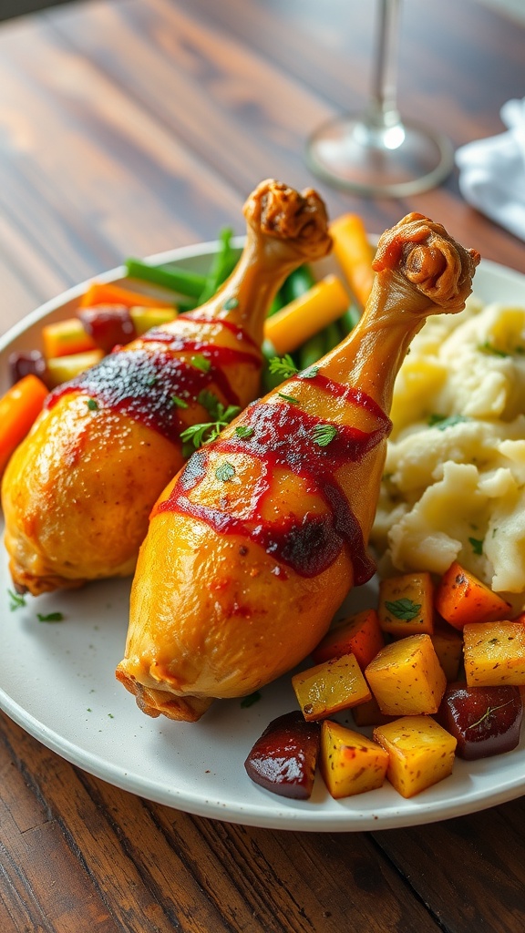 Golden brown baked chicken legs garnished with herbs, served with roasted vegetables and mashed potatoes.